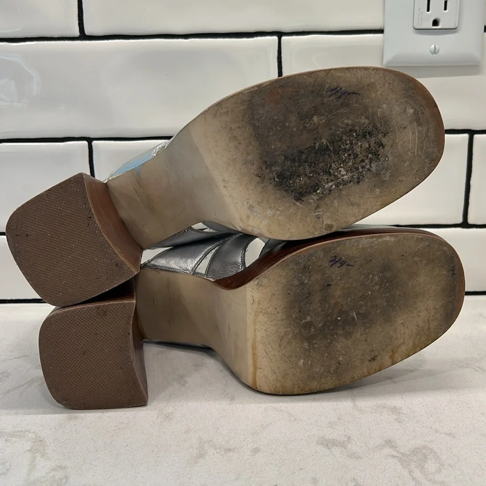 Zodiac Hype Leather Wood Platform Silver Metallic Retro Stacked Heels Size 9